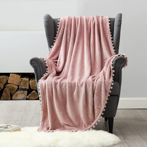 Petal Pink Soft Velvety Velour Pom Pom Blush Throw Blanket Boho Chair Cover - Picture 4 of 6